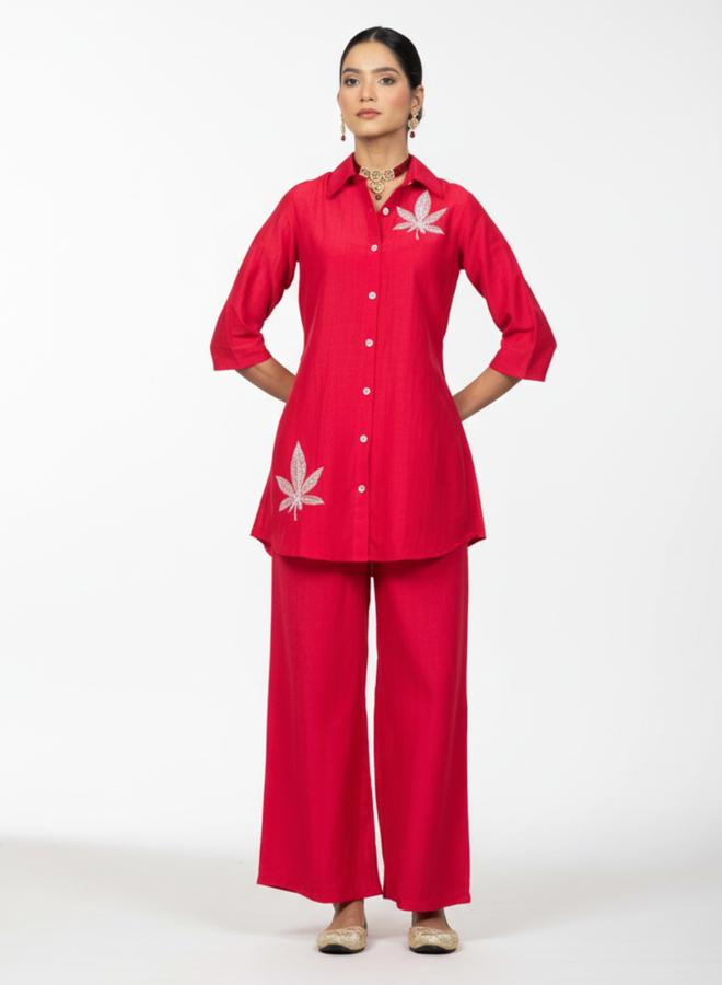 WineRed Women Embroidered Shirt and Wide Leg Trousers Co-ords - Image 1